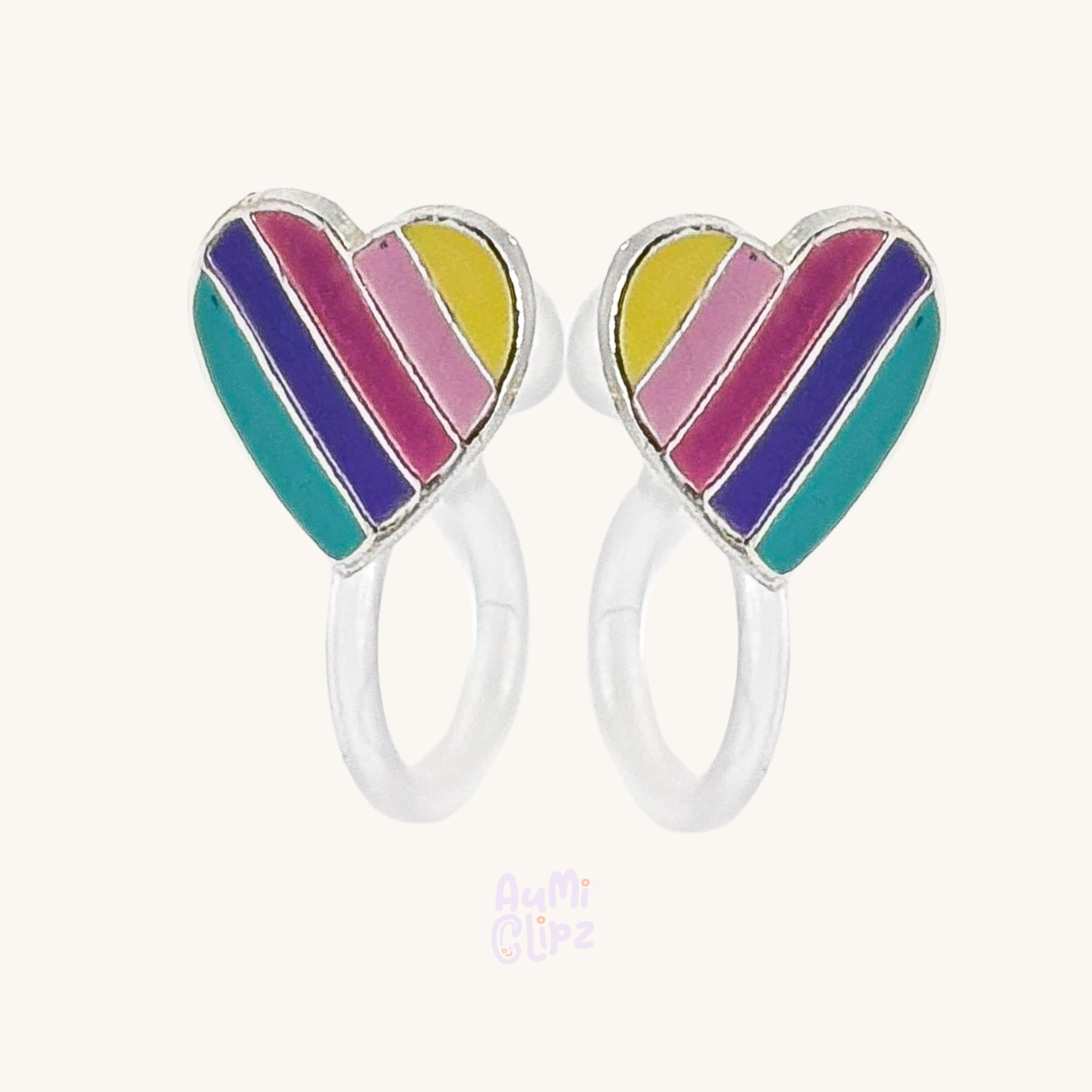 Rainbow Heart Clip-on Earrings for Children – Painless without Ear Piercing