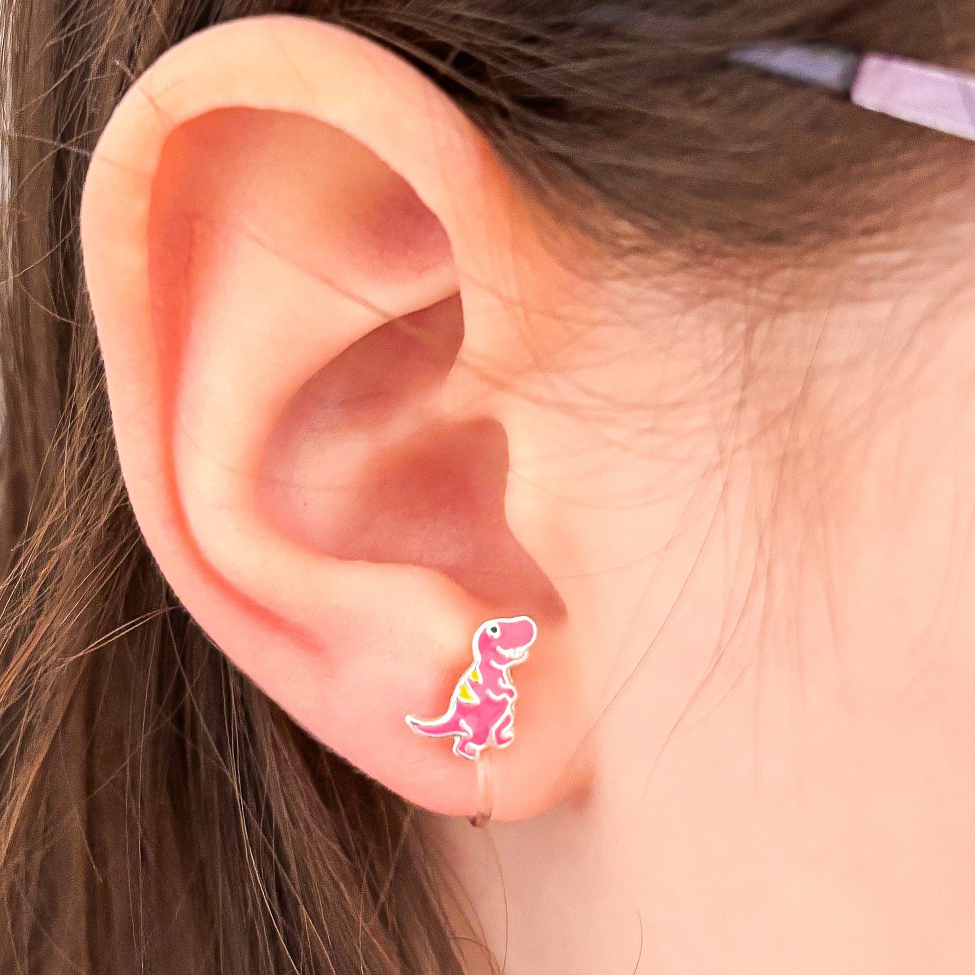 Pink T-Rex ear clips for children - Painless without ear piercing