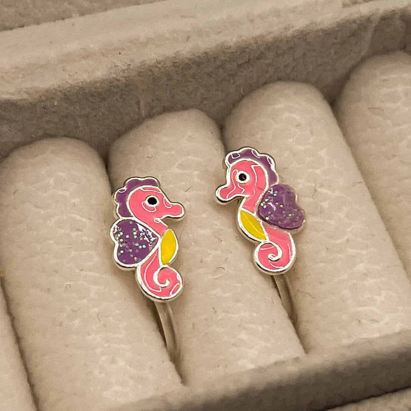 Pink seahorse clip-on earrings for children – Painless without ear piercing