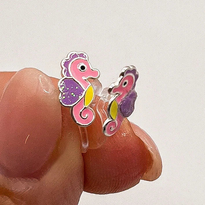 Pink seahorse clip-on earrings for children – Painless without ear piercing